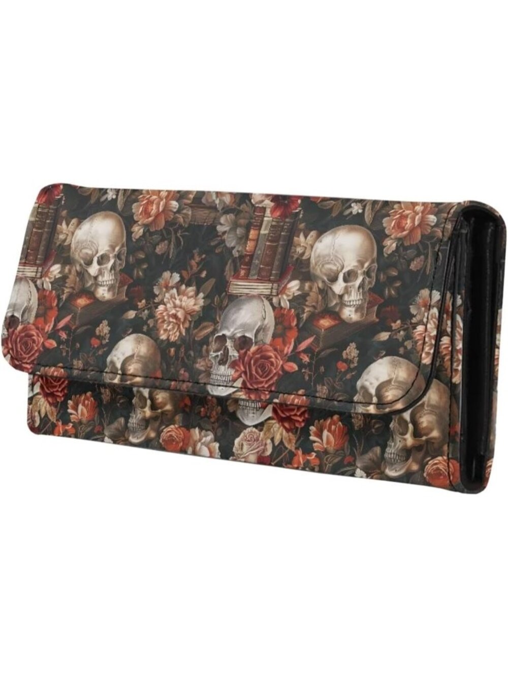 🎃Women's Antique Book Skull Purse Black Leather Slim Wallet Long Trifold Purse